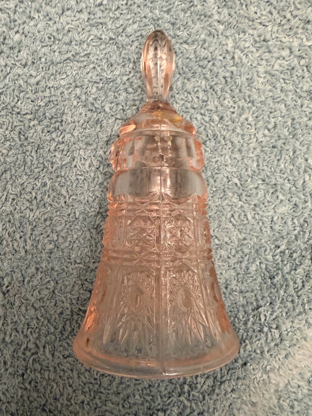 Vintage Pink Depression Glass Hand Bell Geometric Star Block Dinner Bell 5”